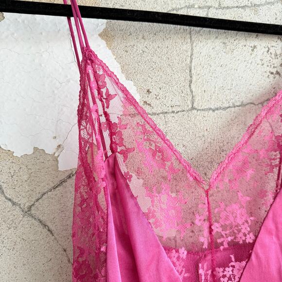 Vtg Maxi Slip Dress Hot Pink Lace 90s Nylon Lingerie Nightgown Coquette Womens M - Picture 4 of 8